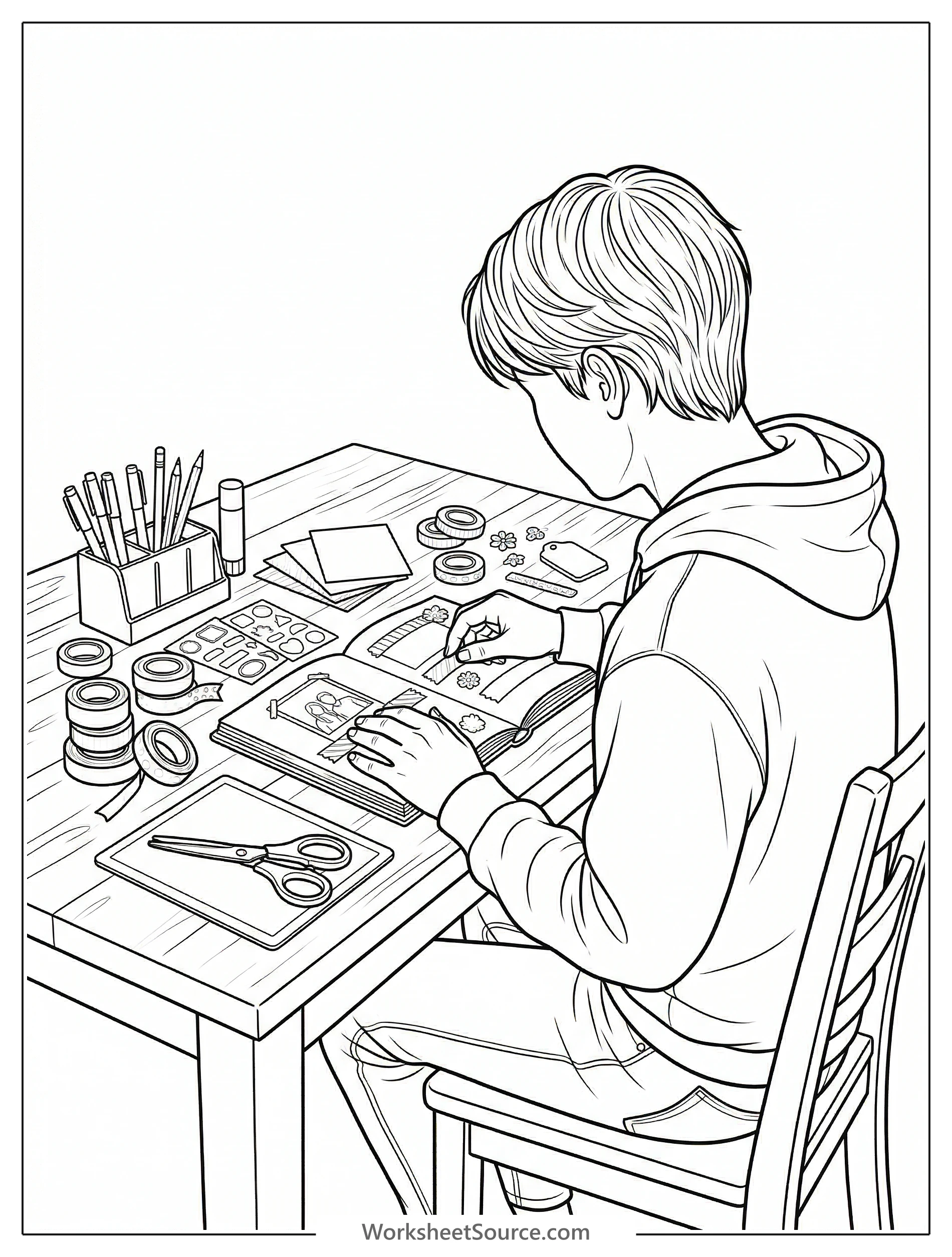 A detailed coloring page depicting a cozy craft table laden with scrapbooking supplies, various rolls of washi tape, and crafting tools in a lofi aesthetic.