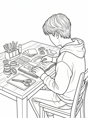A detailed coloring page depicting a cozy craft table laden with scrapbooking supplies, various rolls of washi tape, and crafting tools in a lofi aesthetic.