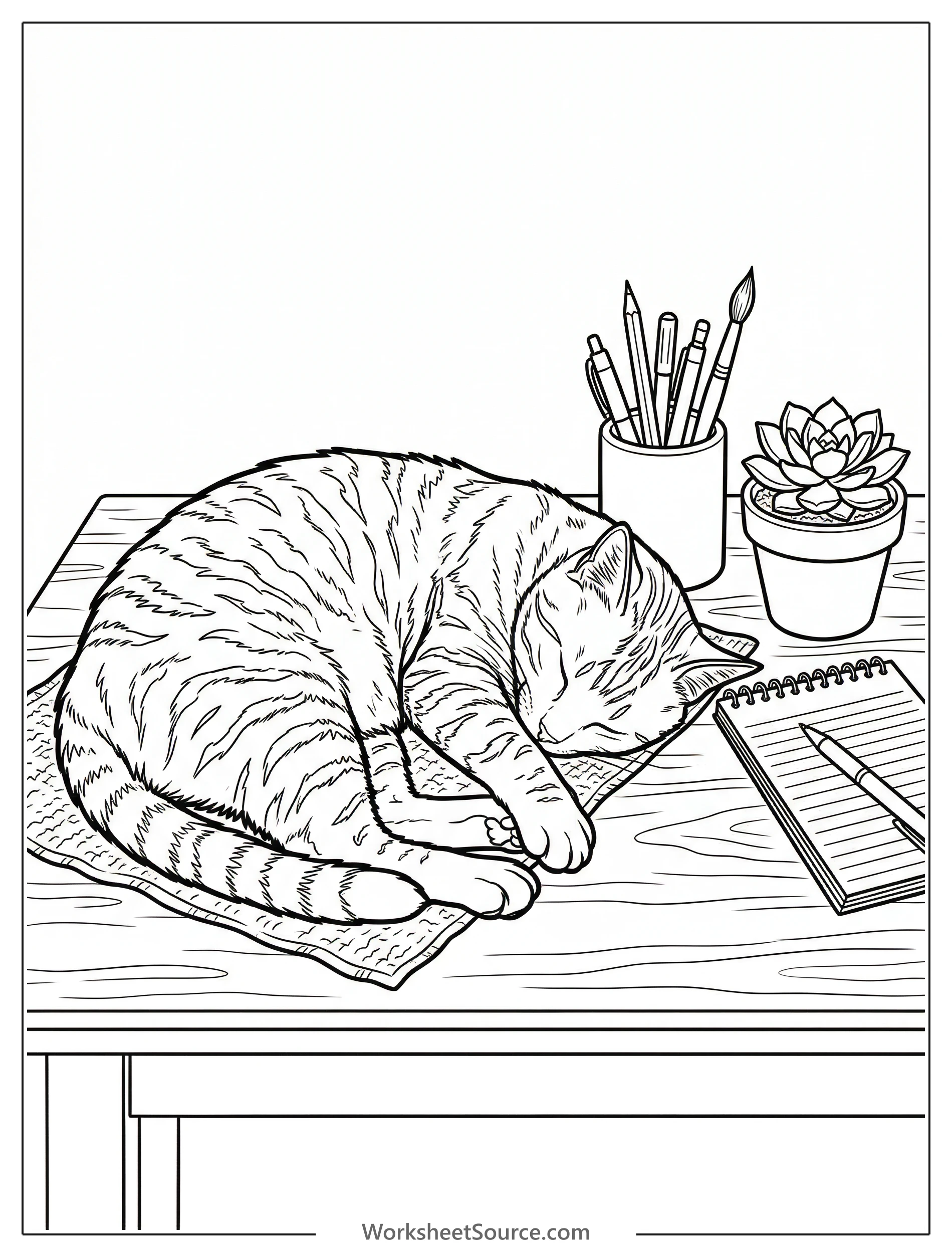 A Lofi aesthetic coloring page depicting a desk setup featuring a pen holder with pens, a blank notepad, and a small potted plant.