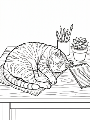 A Lofi aesthetic coloring page depicting a desk setup featuring a pen holder with pens, a blank notepad, and a small potted plant.