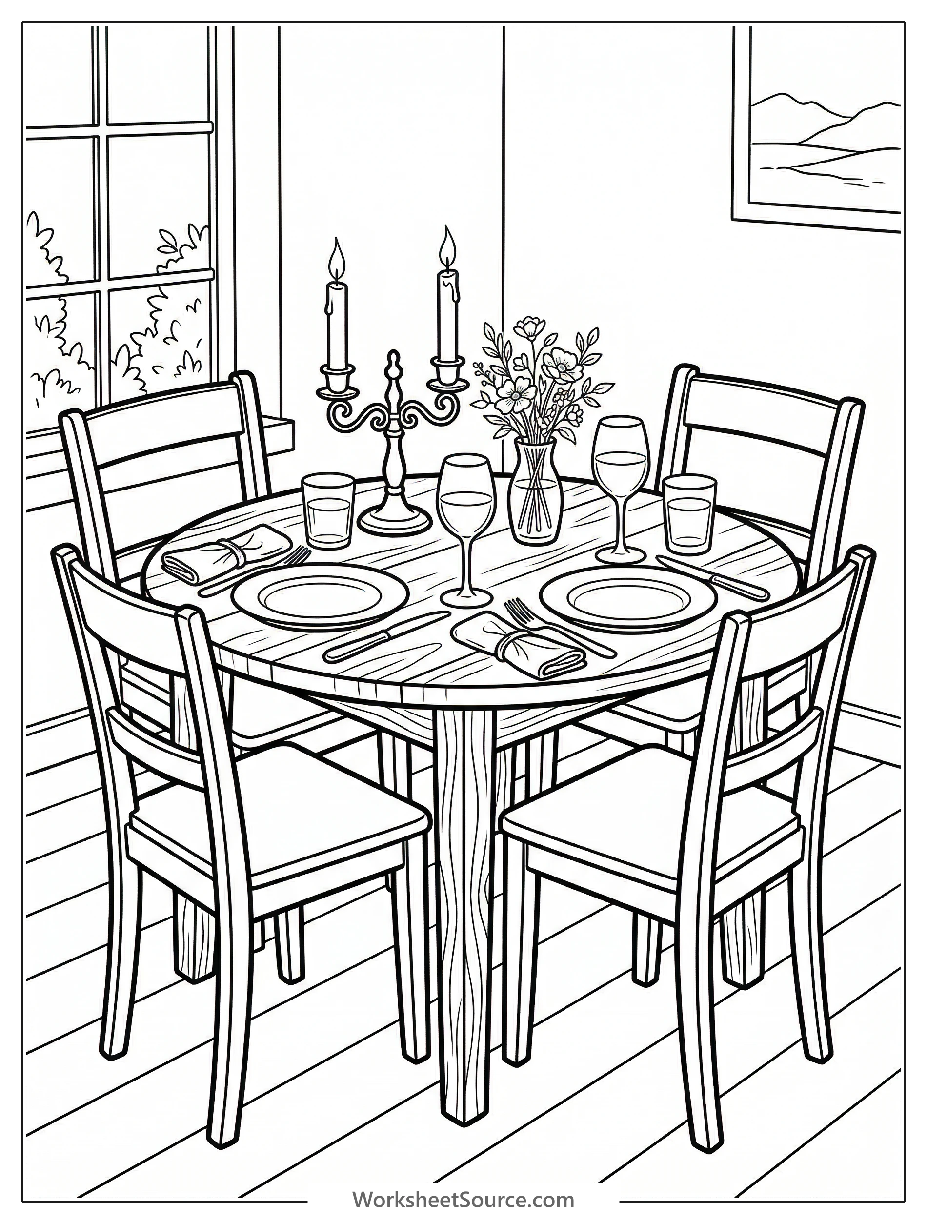 Lofi aesthetic coloring page depicting a small, intimate dining table set for two with flickering candles, evoking a cozy, romantic atmosphere.