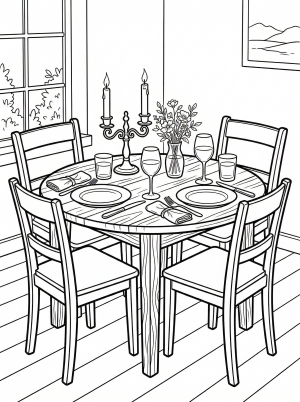 Lofi aesthetic coloring page depicting a small, intimate dining table set for two with flickering candles, evoking a cozy, romantic atmosphere.