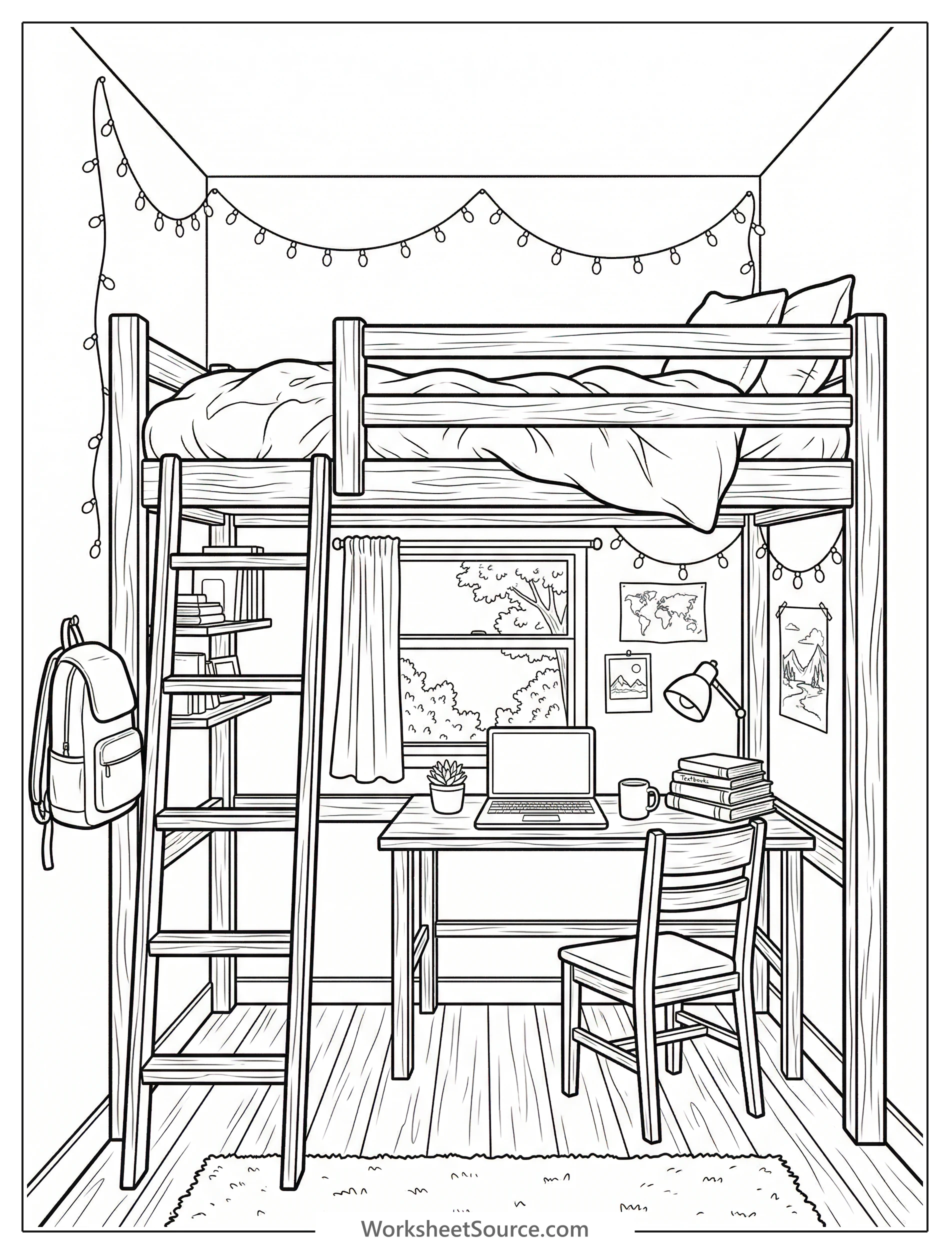 A small, cozy Lofi aesthetic dorm room coloring page featuring a loft bed, string lights, a desk, chair, and decorative plants.