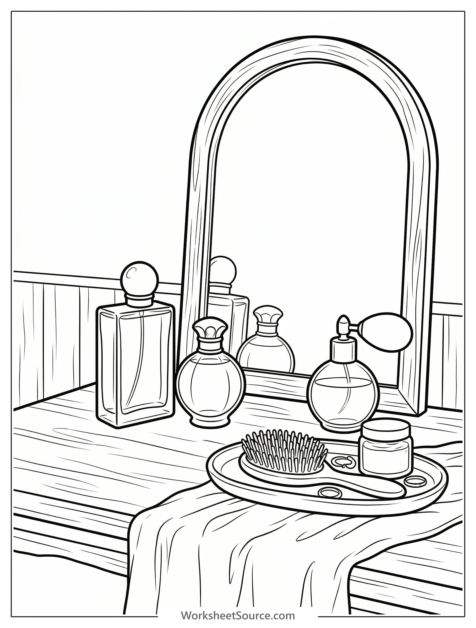 Lofi aesthetic coloring page featuring a detailed vanity with a round mirror, various perfume bottles, a small plant, and soft lighting details.