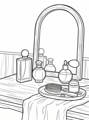 Lofi aesthetic coloring page featuring a detailed vanity with a round mirror, various perfume bottles, a small plant, and soft lighting details.