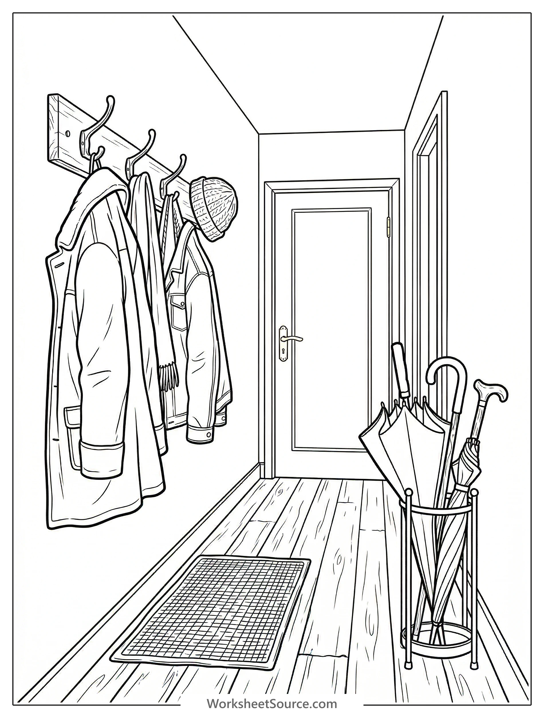 A black and white coloring page depicting a narrow, inviting Lofi aesthetic entryway featuring a detailed coat rack, an umbrella stand, and simple wall decor.