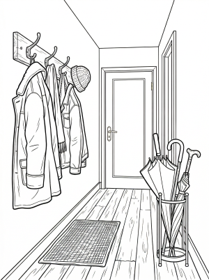 A black and white coloring page depicting a narrow, inviting Lofi aesthetic entryway featuring a detailed coat rack, an umbrella stand, and simple wall decor.