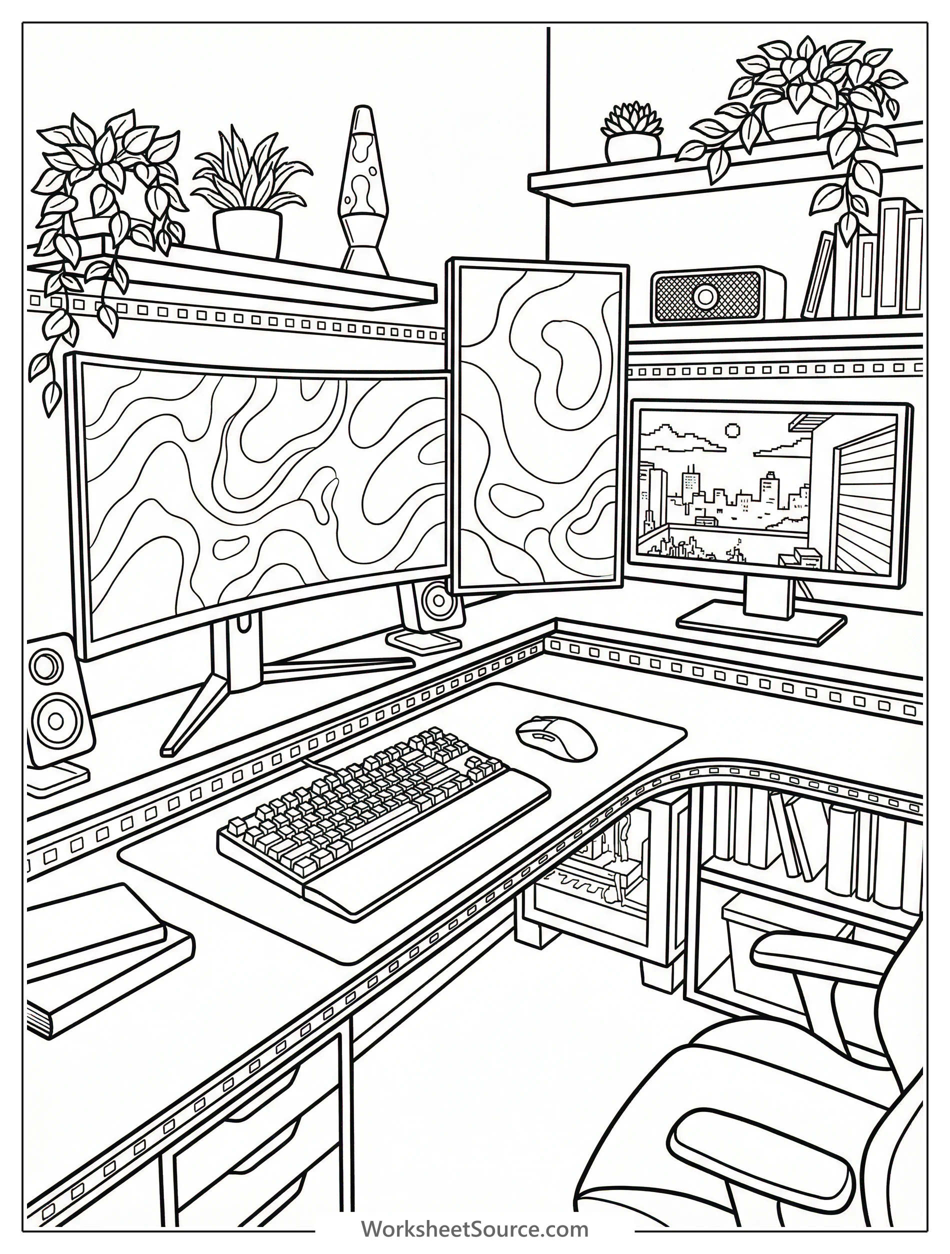 A lofi aesthetic coloring page featuring a modern gaming desk setup with multiple monitors, a mechanical keyboard, LED strip lighting, and cozy decor elements.