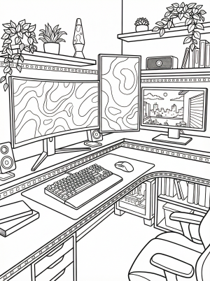 A lofi aesthetic coloring page featuring a modern gaming desk setup with multiple monitors, a mechanical keyboard, LED strip lighting, and cozy decor elements.