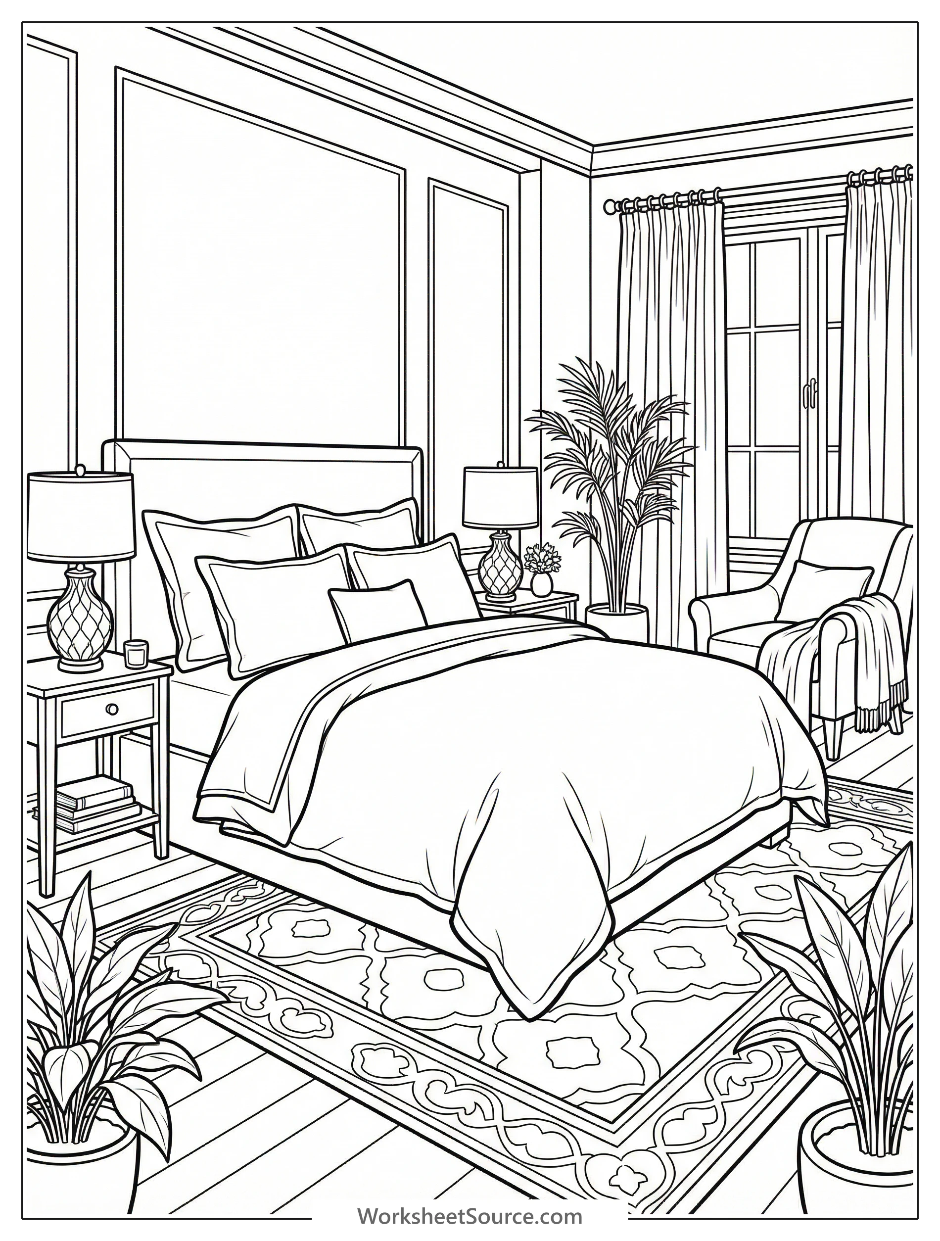 A calming lofi aesthetic guest room with a neatly made bed, a nightstand holding a small lamp, and soft, inviting decor. Perfect for mindful coloring.