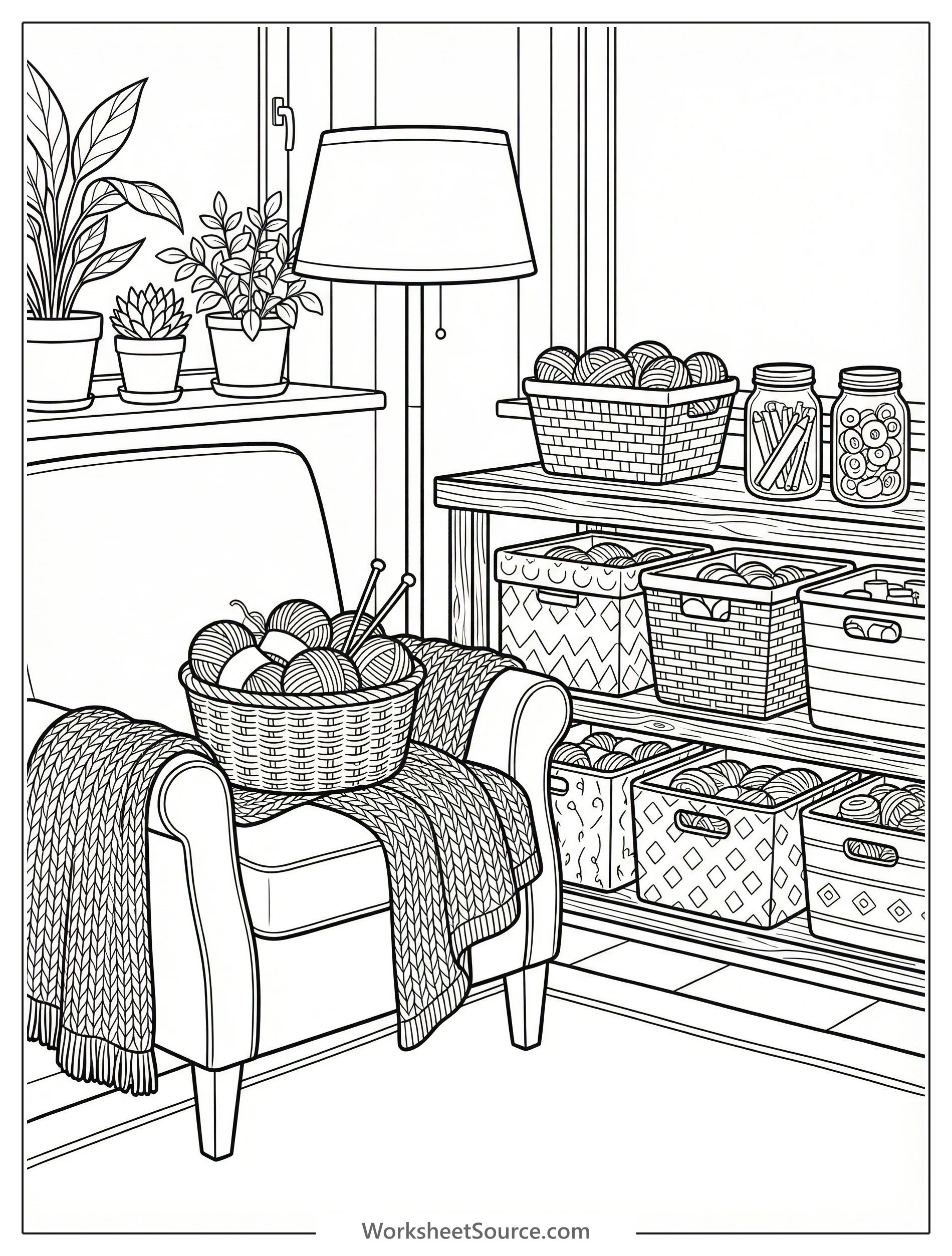 A cozy lofi aesthetic craft room filled with yarn, knitting needles, colorful storage bins, and crafting supplies, ready for coloring.