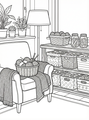 A cozy lofi aesthetic craft room filled with yarn, knitting needles, colorful storage bins, and crafting supplies, ready for coloring.