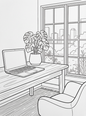 A minimalist Lofi aesthetic home office coloring page showing a laptop on a desk, a potted plant, and a large window with natural light.
