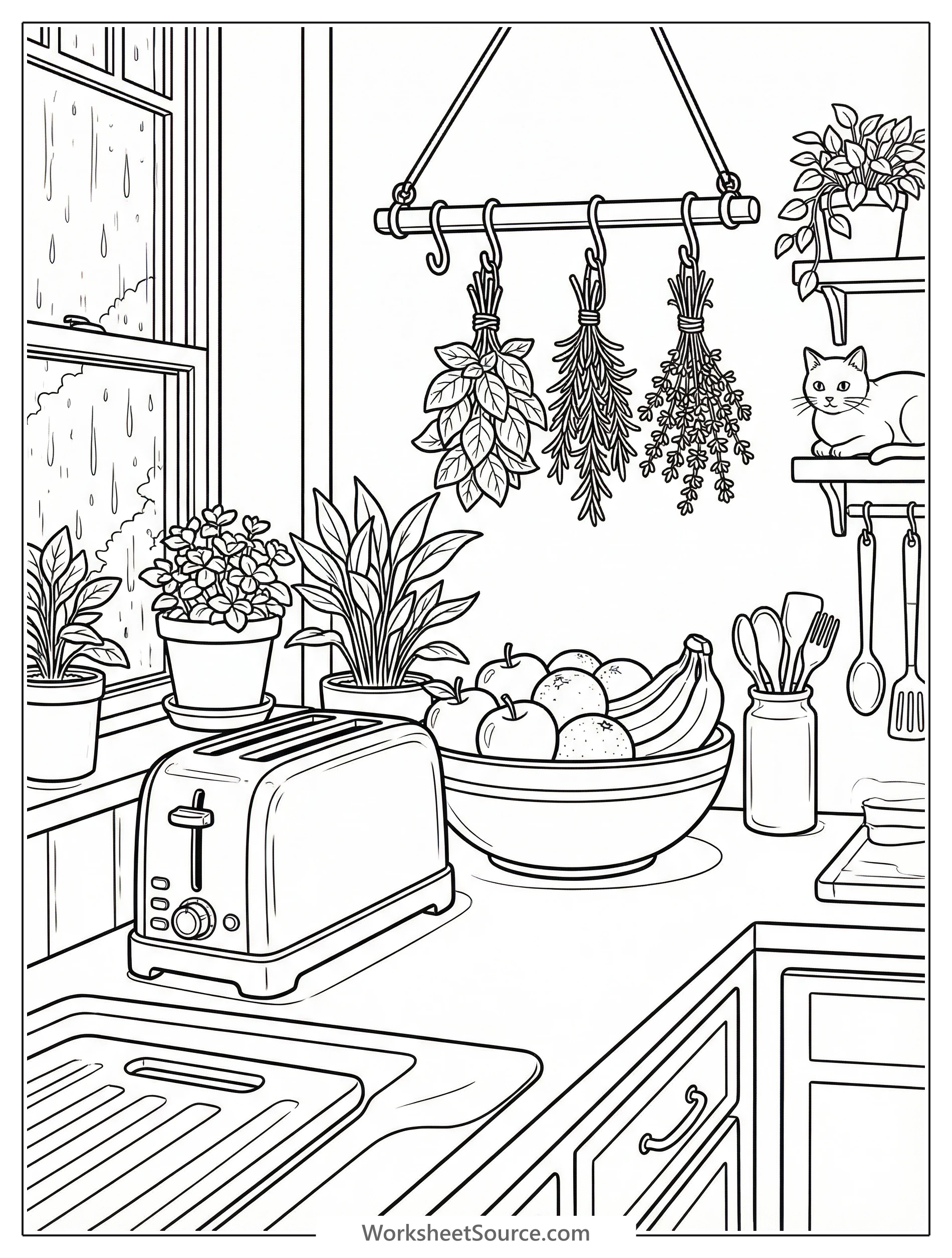 Detailed lofi aesthetic kitchen counter coloring page featuring a sleek toaster, a bowl of fresh fruit, and a delicate hanging herb rack above.