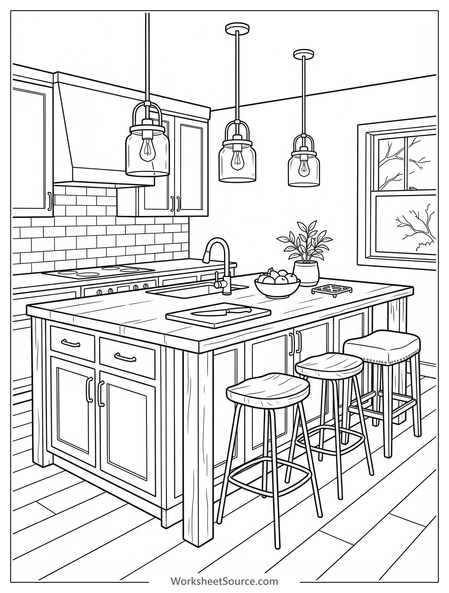 Illustration of a Lofi aesthetic kitchen island with three backless stools and two modern hanging pendant lights. The counter features subtle details.