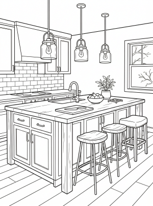 Illustration of a Lofi aesthetic kitchen island with three backless stools and two modern hanging pendant lights. The counter features subtle details.