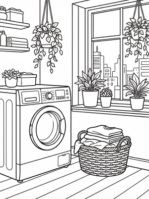 Lofi aesthetic coloring page showing a cozy laundry room with a washing machine, a basket of folded clothes, and a window with soft light.