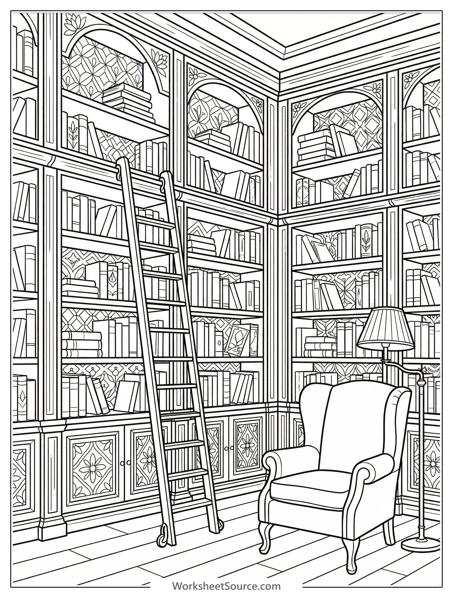 Intricate black and white line art coloring page depicting a vast floor to ceiling bookshelf wall with a long wooden rolling ladder against it.