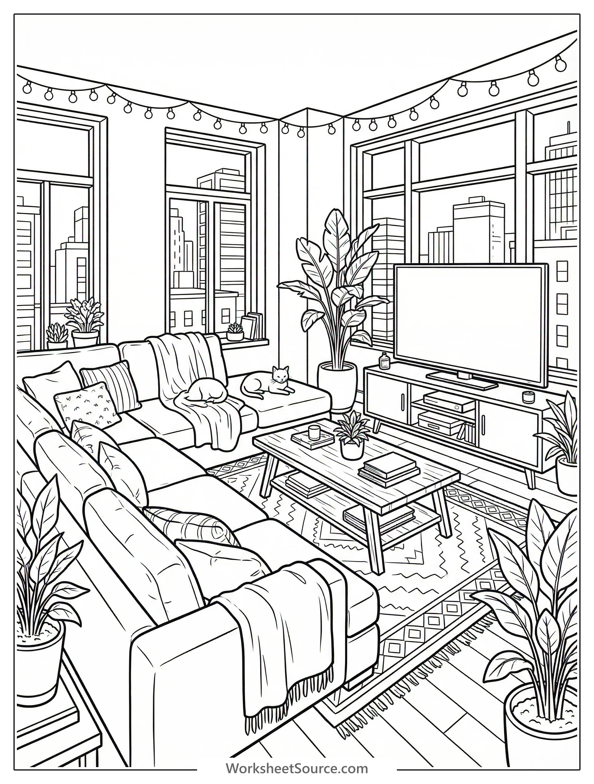 A spacious, inviting lofi living room coloring page featuring a large sectional sofa, a sturdy coffee table, and a television on a stand.