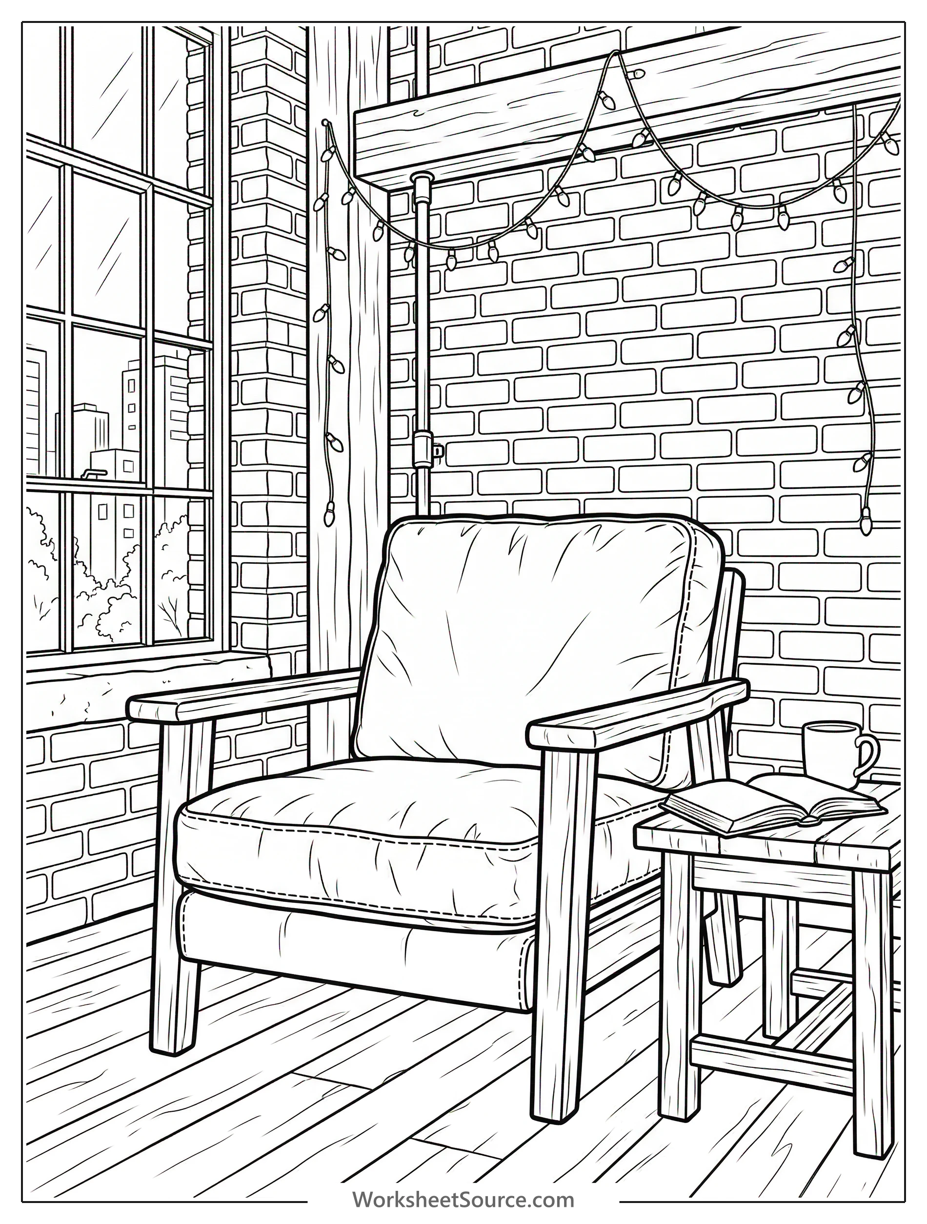 Line art of a cozy industrial loft interior. Features an exposed brick wall, a comfortable bed, a minimalist desk, and enchanting fairy lights draped above.