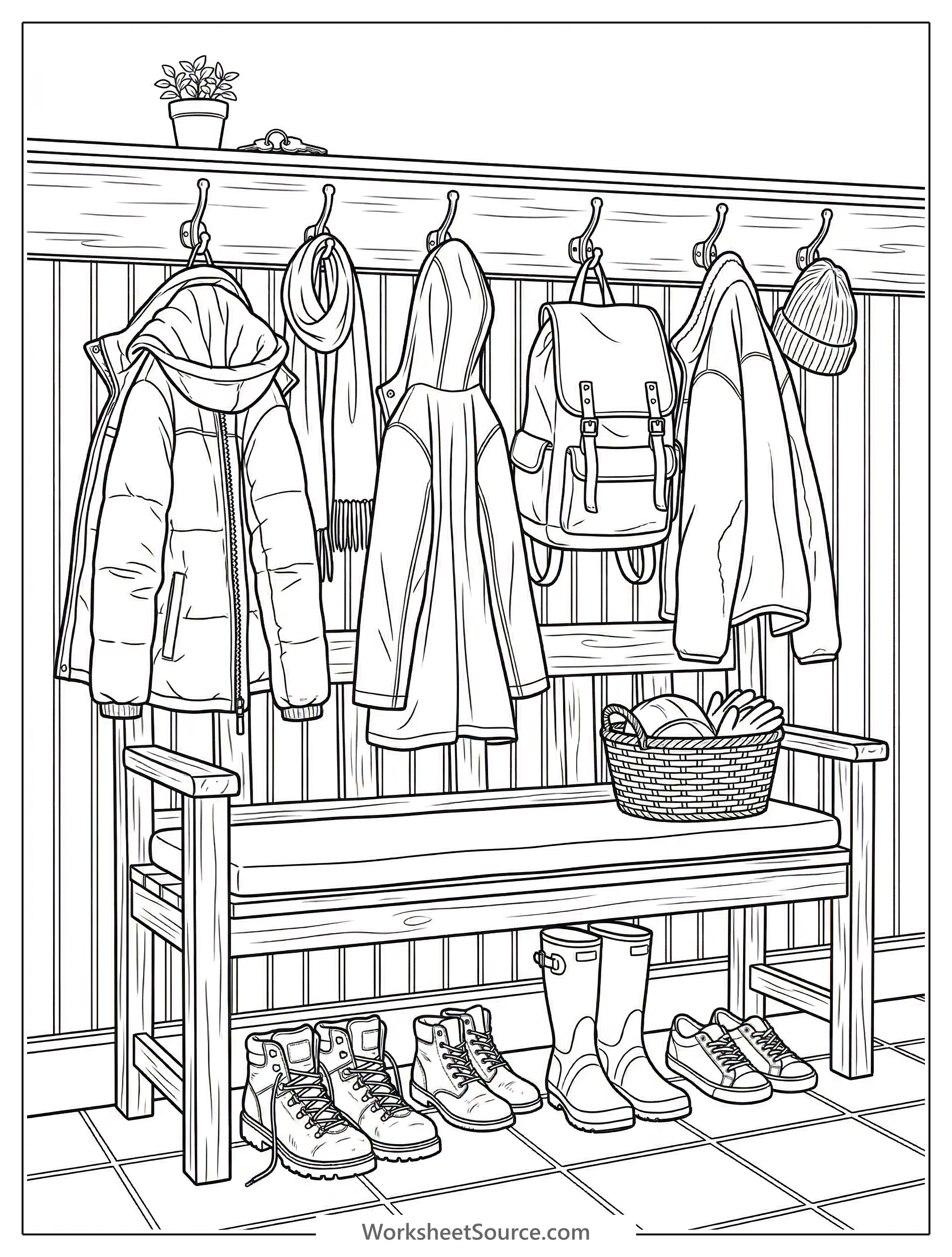Detailed coloring page featuring a cozy mudroom interior with multiple coat hooks, wellington boots, a sturdy wooden bench, and framed artwork.