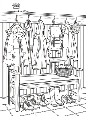 Detailed coloring page featuring a cozy mudroom interior with multiple coat hooks, wellington boots, a sturdy wooden bench, and framed artwork.