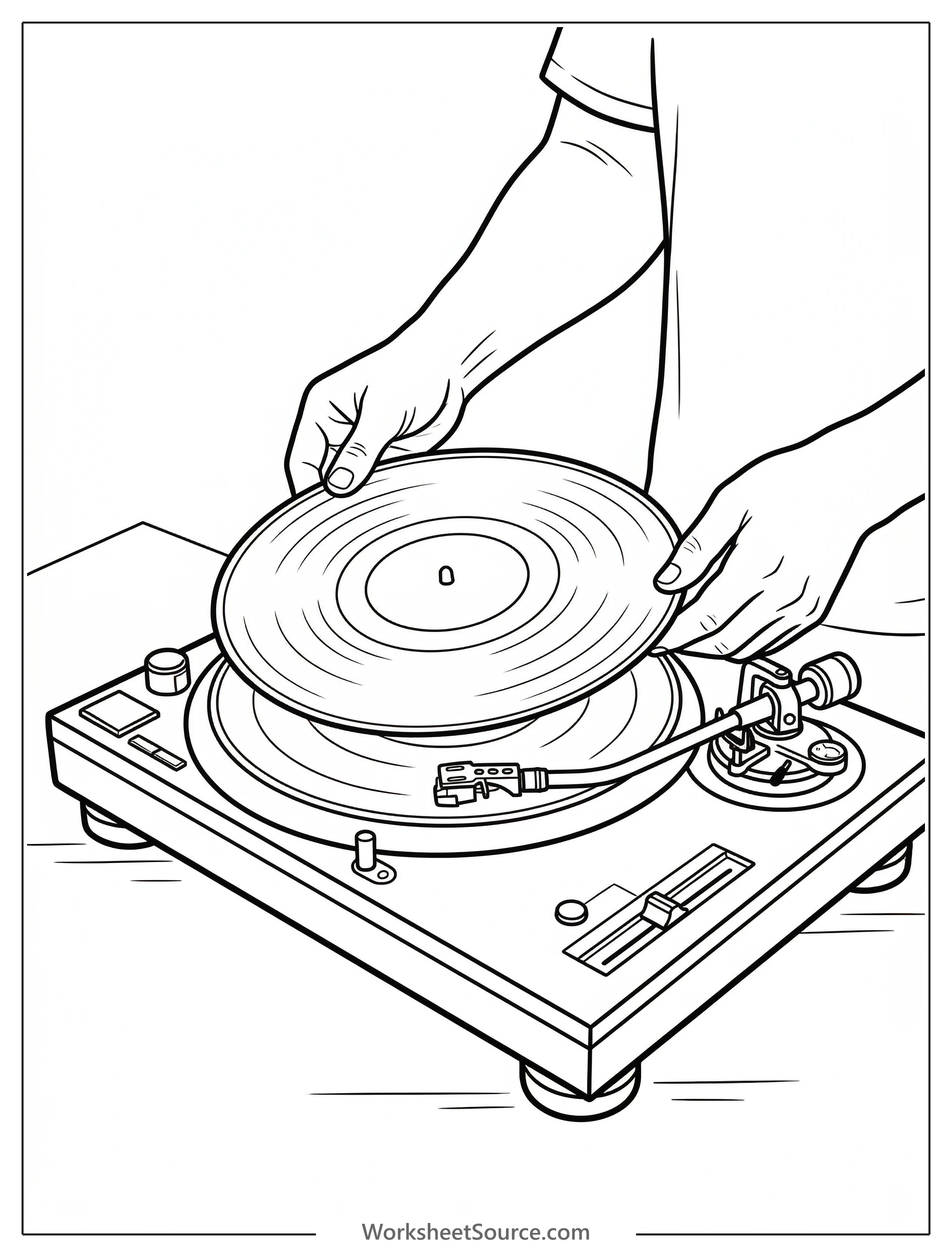 Close up of a person's hands carefully placing a vinyl record onto a vintage turntable, evoking a calm, lofi aesthetic.