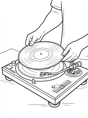 Close up of a person's hands carefully placing a vinyl record onto a vintage turntable, evoking a calm, lofi aesthetic.