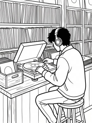 An intricate coloring page depicting a cozy lofi vinyl record store corner with shelves of records, a listening station, and over-ear headphones.