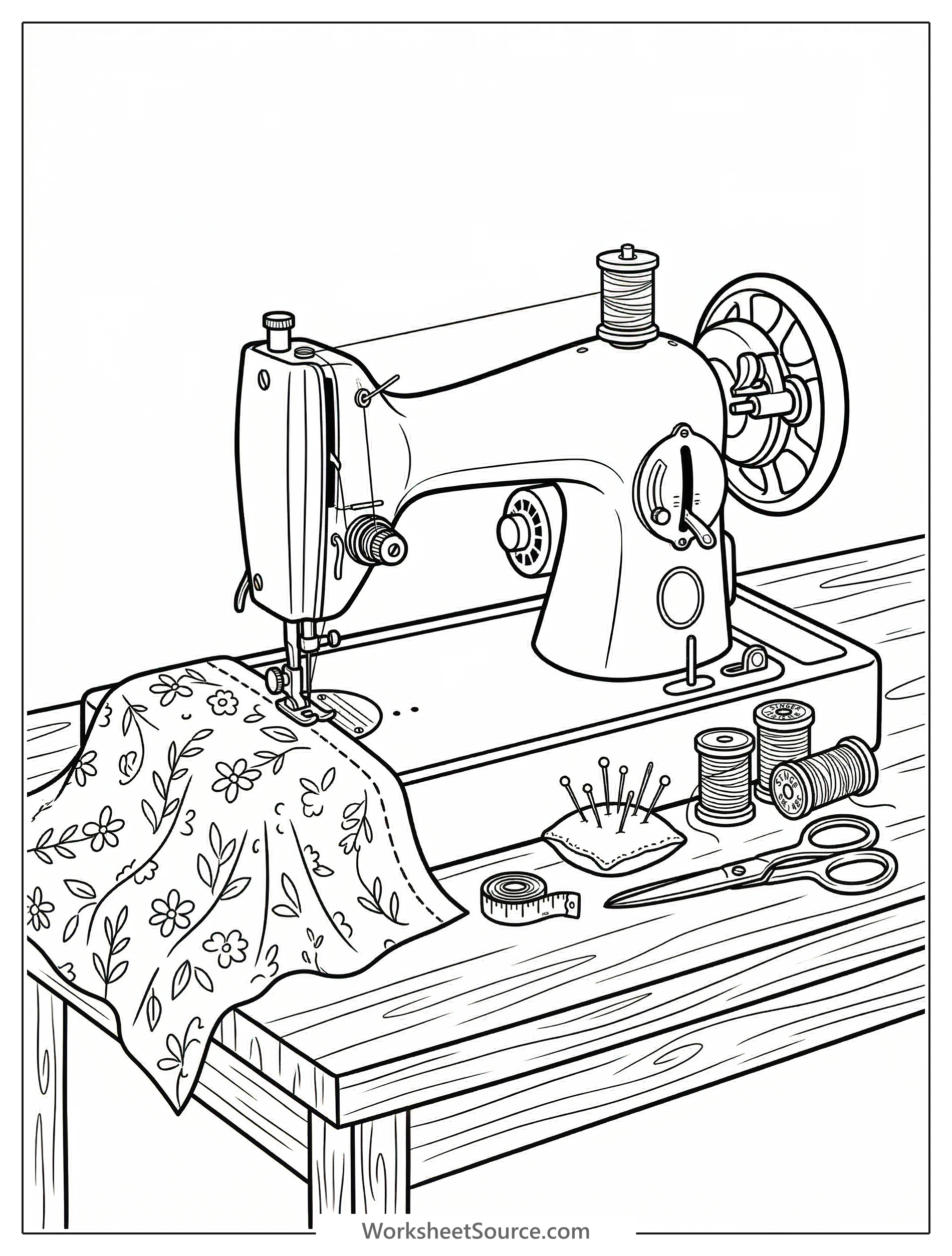 Lofi aesthetic coloring page showing a vintage sewing machine on a wooden table, surrounded by folded fabric, spools of thread, and crafting tools.