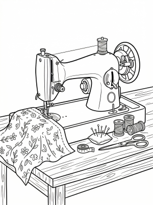 Lofi aesthetic coloring page showing a vintage sewing machine on a wooden table, surrounded by folded fabric, spools of thread, and crafting tools.