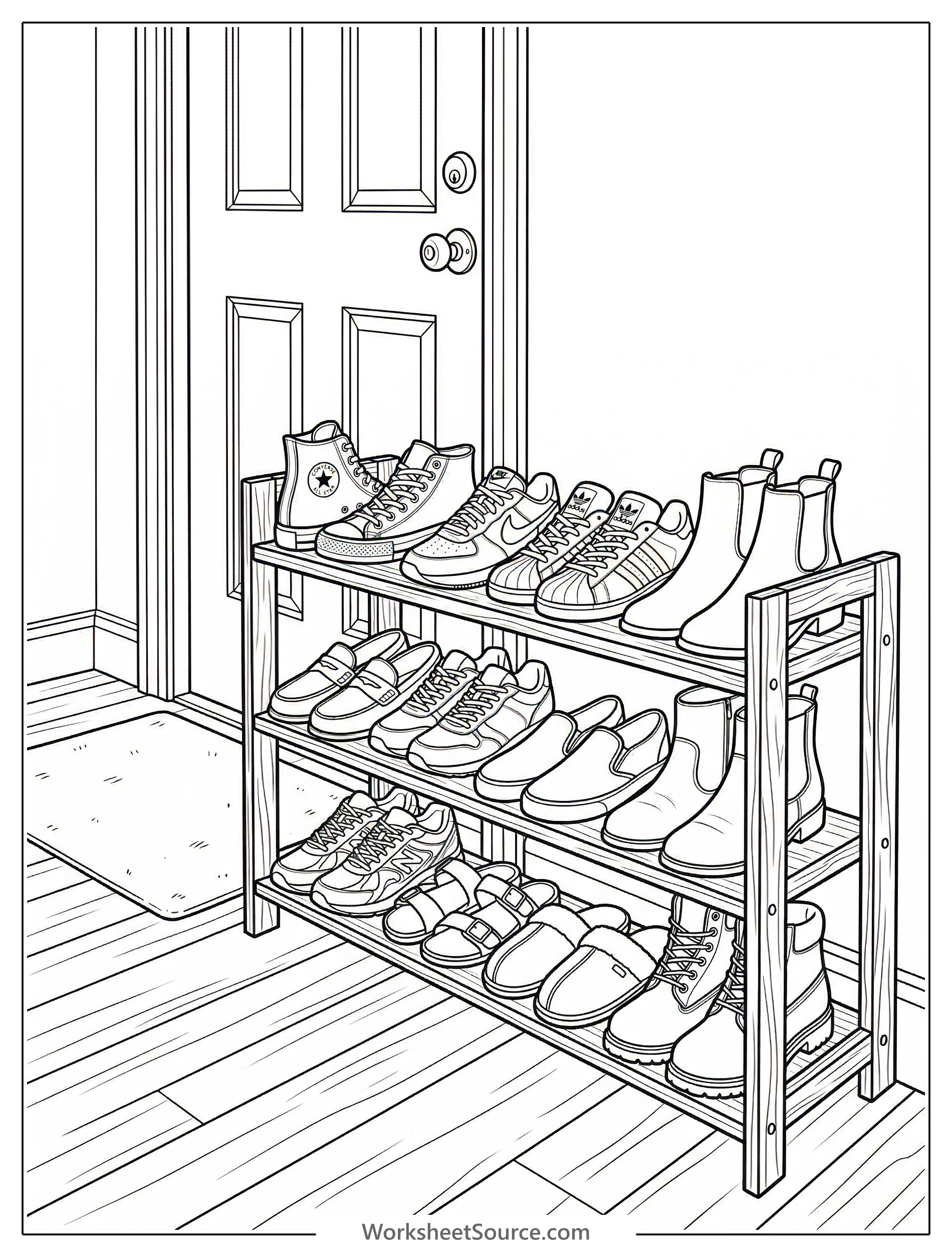 A black and white coloring page depicting an organized lofi aesthetic shoe rack next to a door with a small textured rug, ready for creative coloring.