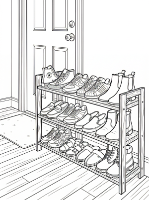 A black and white coloring page depicting an organized lofi aesthetic shoe rack next to a door with a small textured rug, ready for creative coloring.