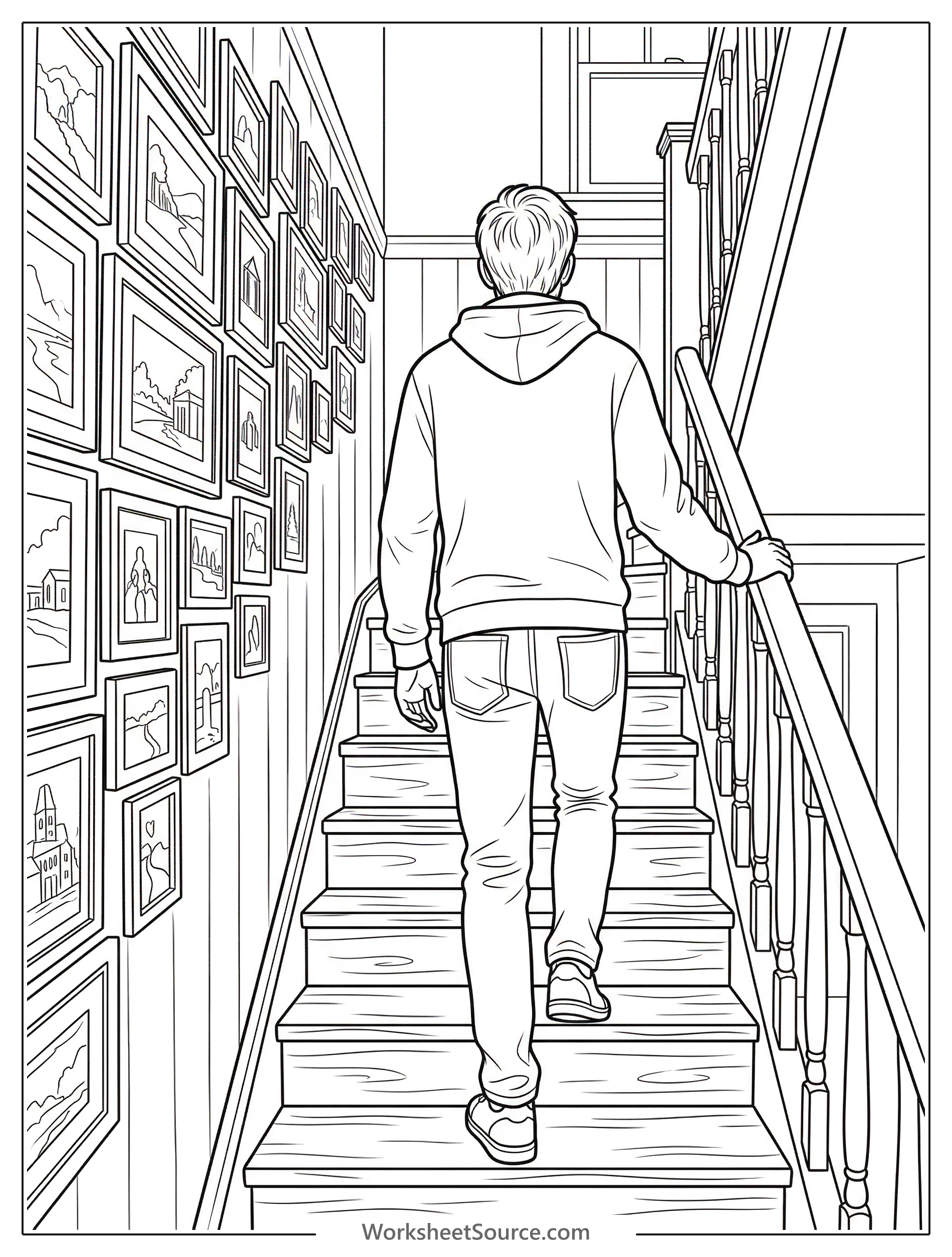A detailed coloring page depicting a narrow, inviting stairwell with numerous framed photos adorning the wall, capturing a warm Lofi aesthetic.