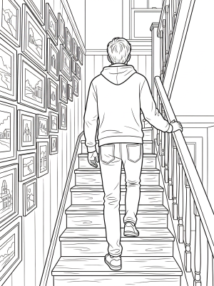 A detailed coloring page depicting a narrow, inviting stairwell with numerous framed photos adorning the wall, capturing a warm Lofi aesthetic.