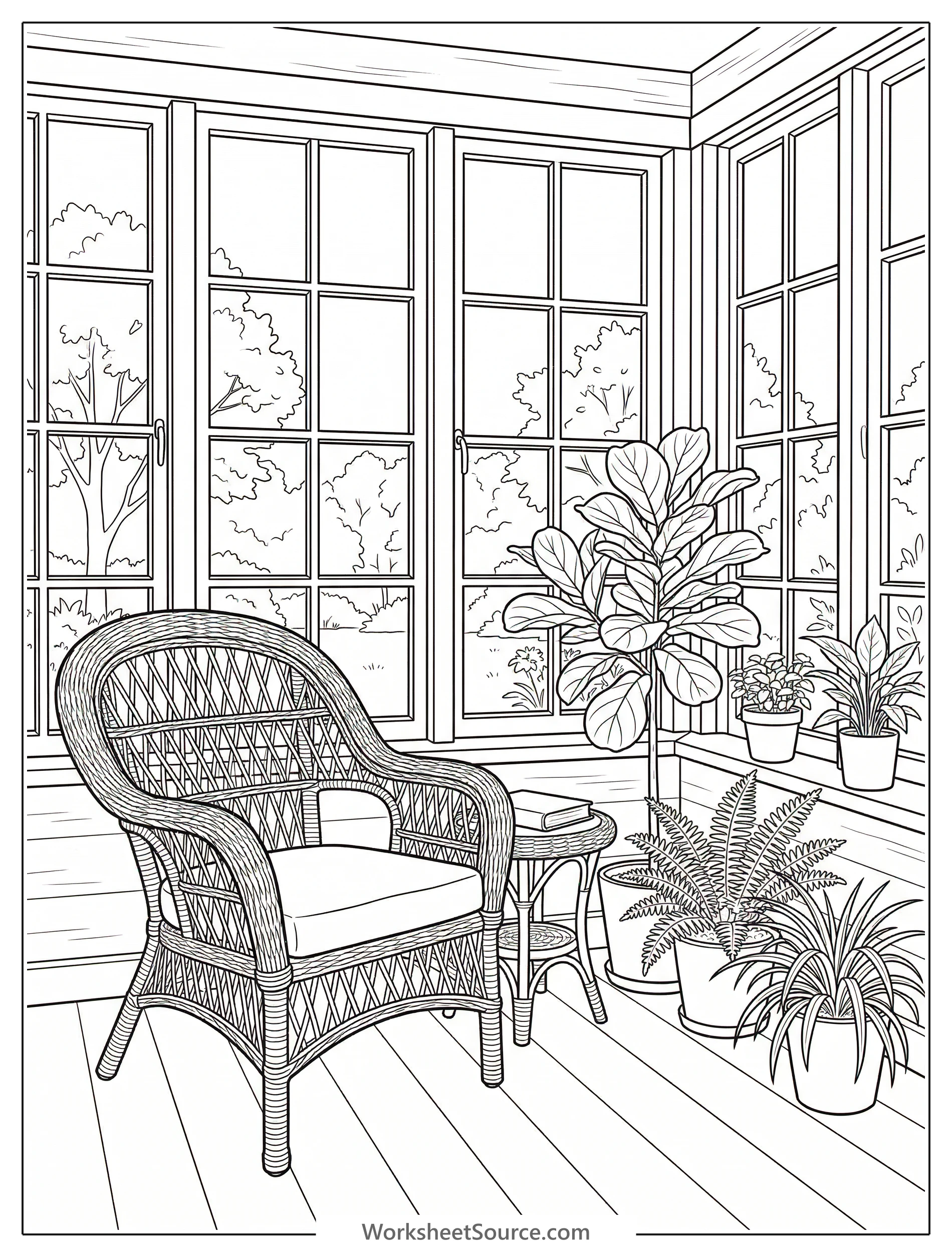 A serene lofi aesthetic coloring page depicts a bright sunroom with a comfortable wicker chair, an array of potted plants, and large windows inviting natural light.