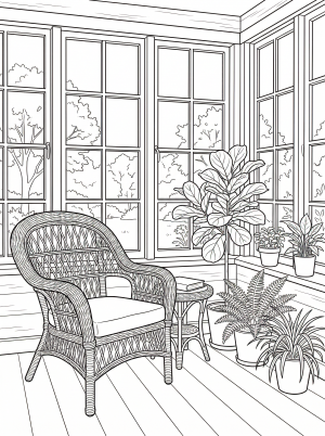 A serene lofi aesthetic coloring page depicts a bright sunroom with a comfortable wicker chair, an array of potted plants, and large windows inviting natural light.