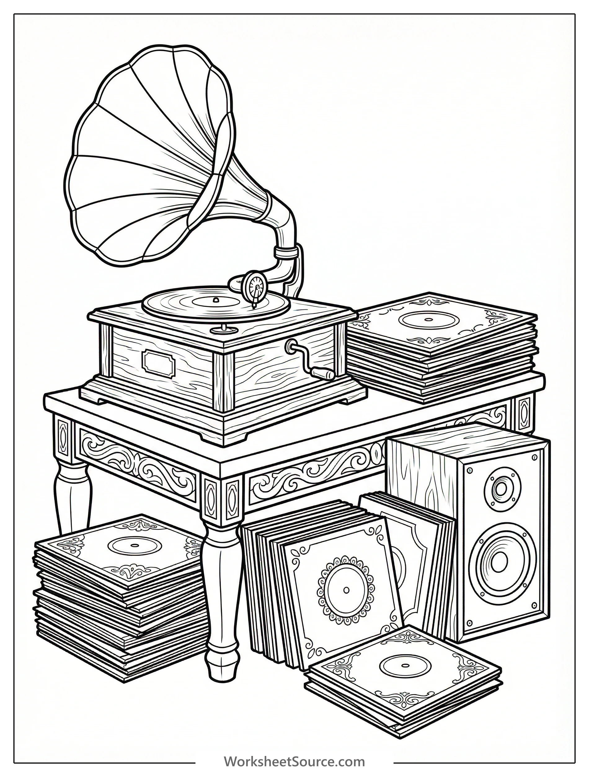 A lofi aesthetic coloring page depicting a vintage record player on a low table, surrounded by stacks of vinyl records and a speaker.