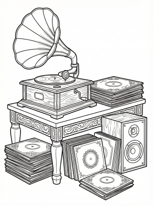 A lofi aesthetic coloring page depicting a vintage record player on a low table, surrounded by stacks of vinyl records and a speaker.
