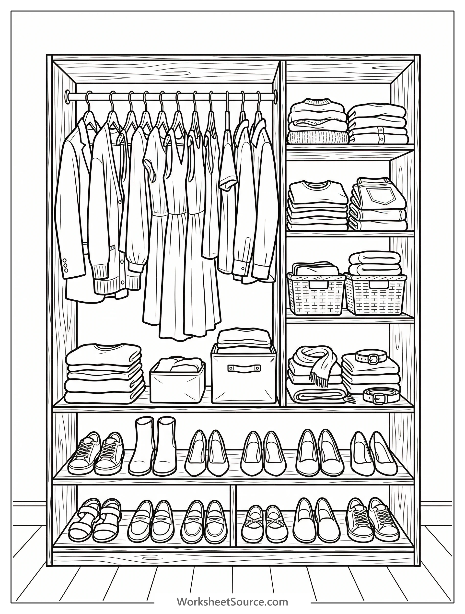 An open wardrobe filled with neatly folded clothes, hanging garments, and various pairs of shoes, all depicted in a charming Lofi aesthetic style.