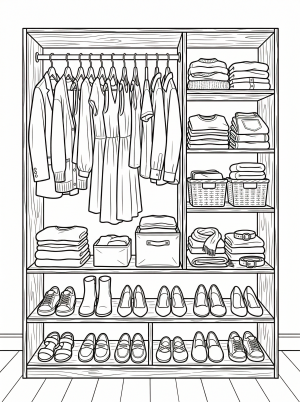 An open wardrobe filled with neatly folded clothes, hanging garments, and various pairs of shoes, all depicted in a charming Lofi aesthetic style.
