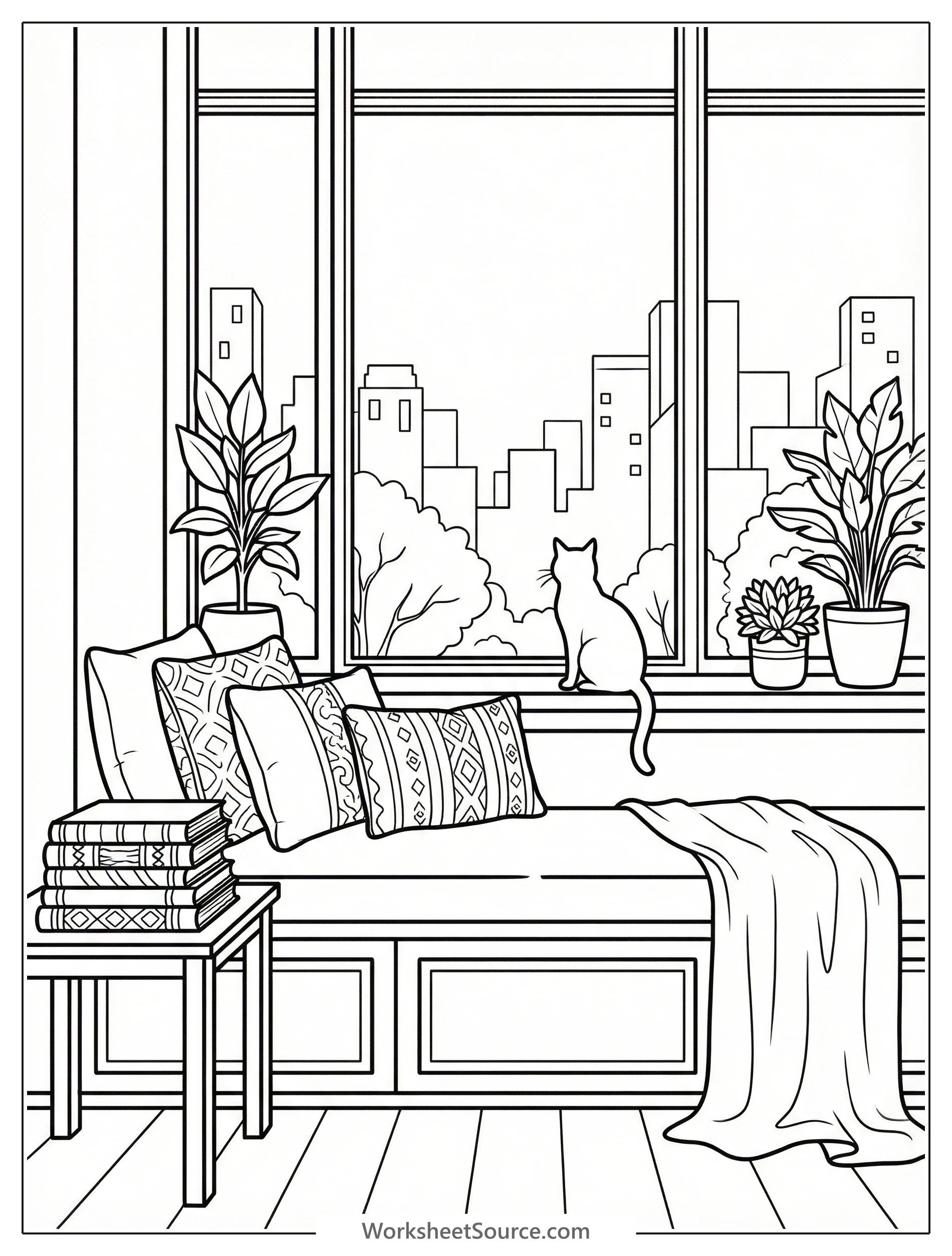 A lofi aesthetic coloring page showing a cozy window seat with plush cushions, a stack of books, and a cat gazing serenely out the window.