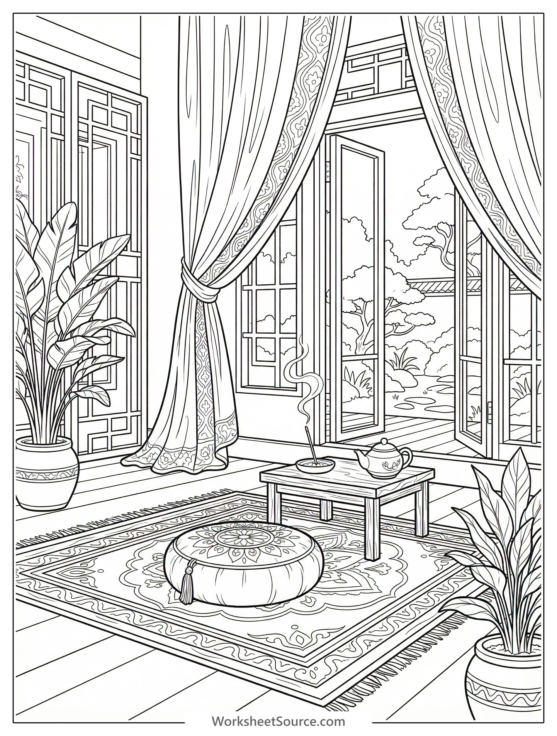 Lofi aesthetic coloring page depicting a peaceful meditation corner with a yoga mat, a round zafu cushion, and fragrant incense creating a serene atmosphere.
