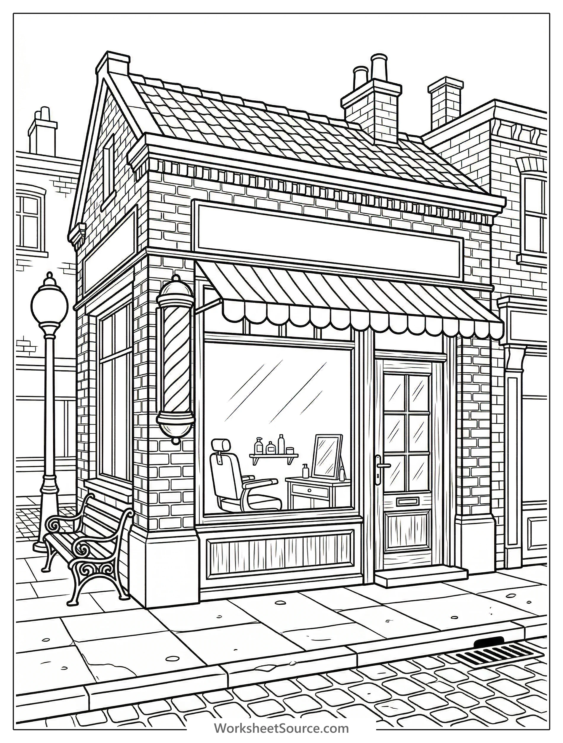 A detailed black and white coloring page featuring a vintage barber shop storefront with a classic striped barber pole, inviting sidewalk, and retro signage.