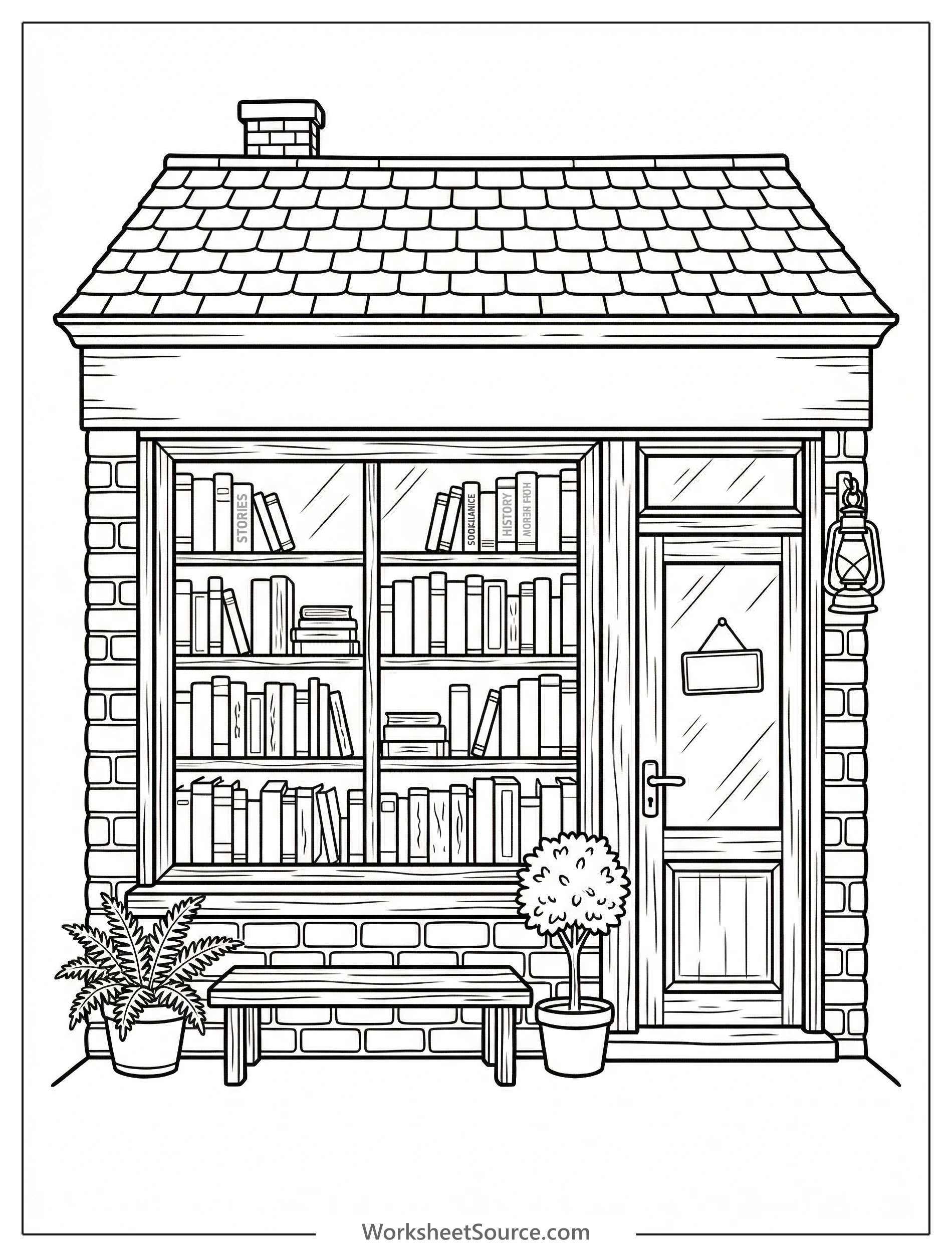 A tranquil lofi aesthetic coloring page depicting the front of a small, cozy bookstore with a warm window display of books and an inviting entrance.