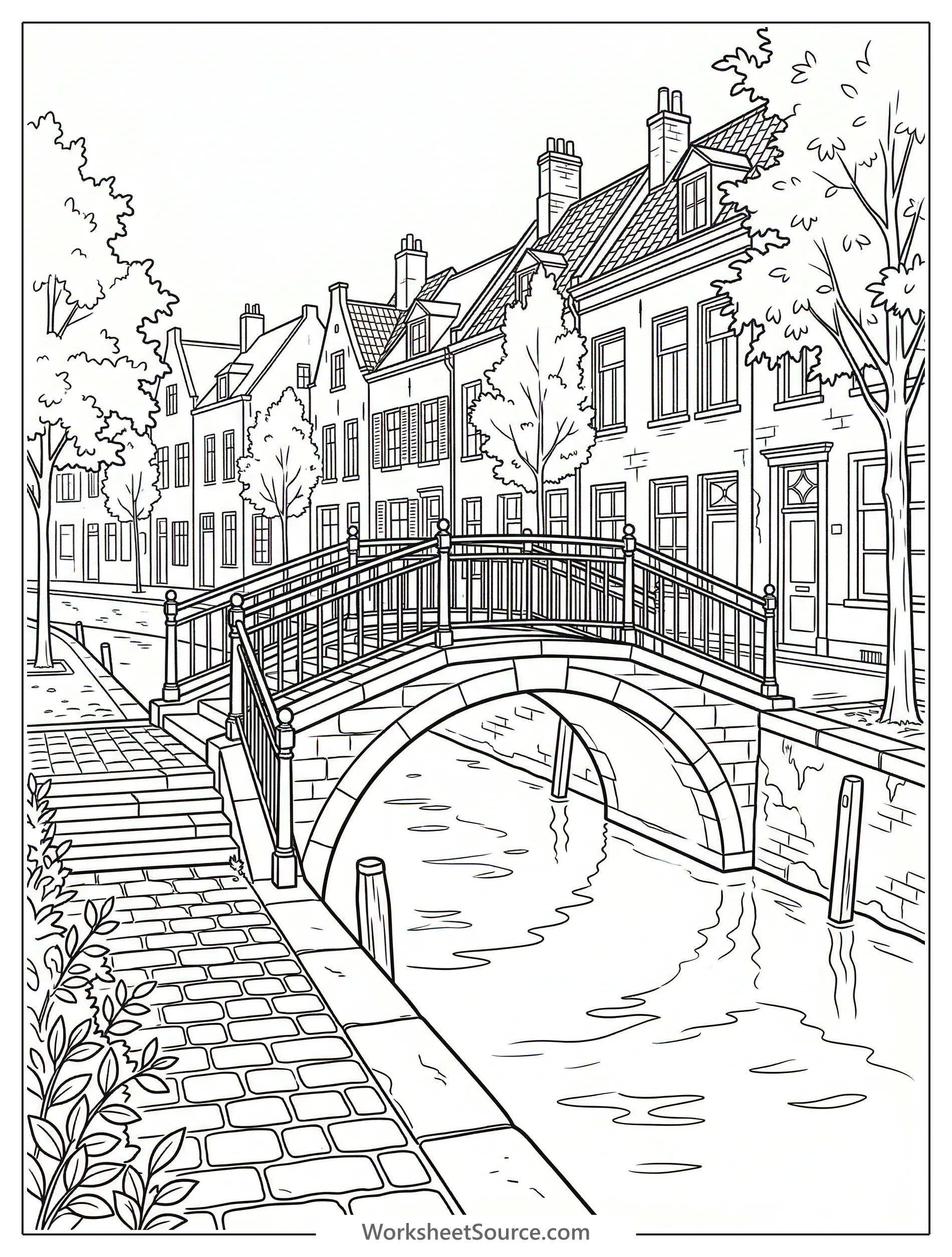 Detailed lofi aesthetic coloring page showing a small arched footbridge crossing a tranquil canal in a quiet, stylized urban city scene with buildings.