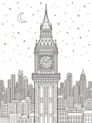 A lofi aesthetic coloring page featuring a detailed cityscape at night, with towering buildings, numerous glowing windows, and scattered stars in the sky.