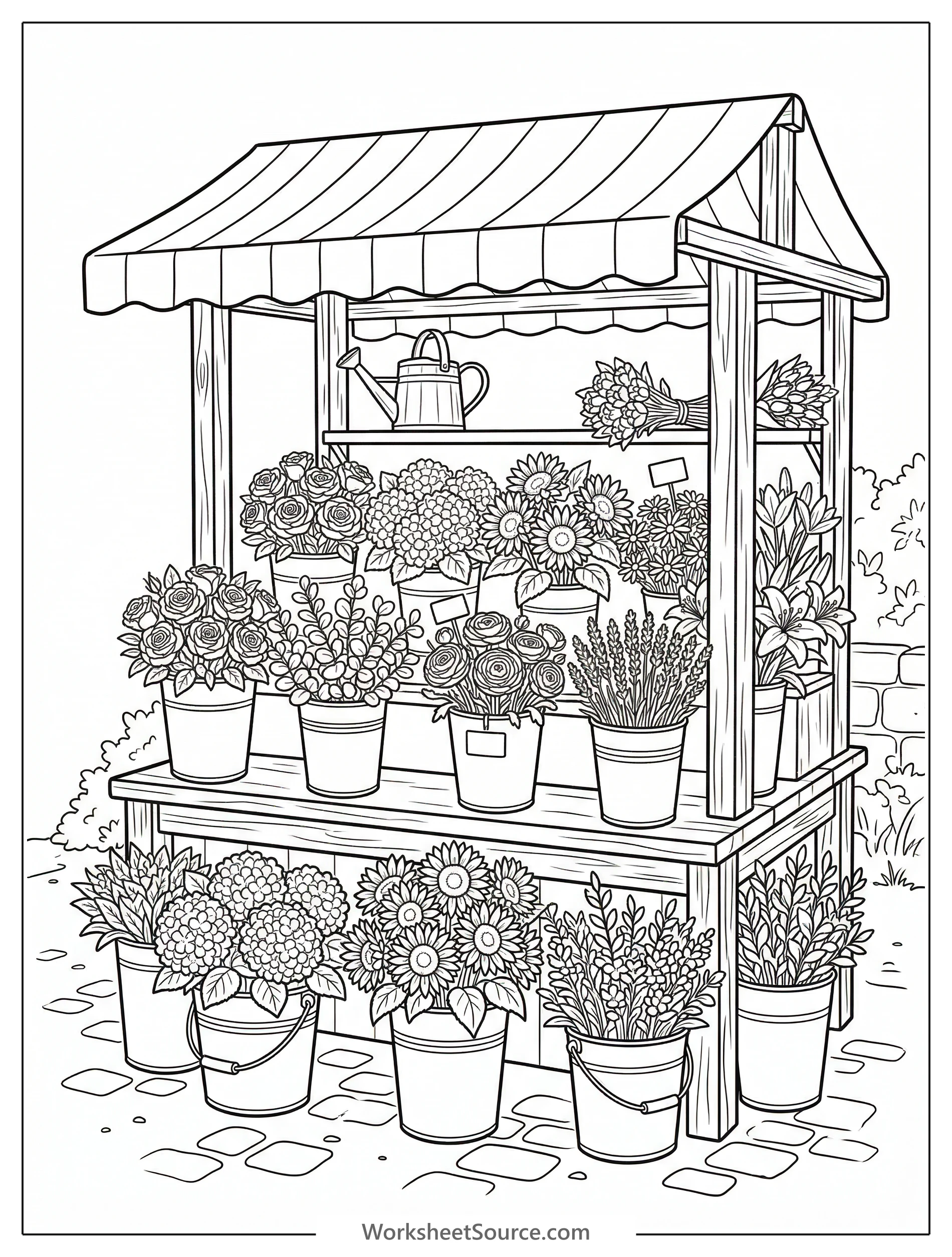 Lofi aesthetic coloring page depicting an outdoor flower stall filled with numerous buckets overflowing with diverse, colorful blossoms and lush foliage.