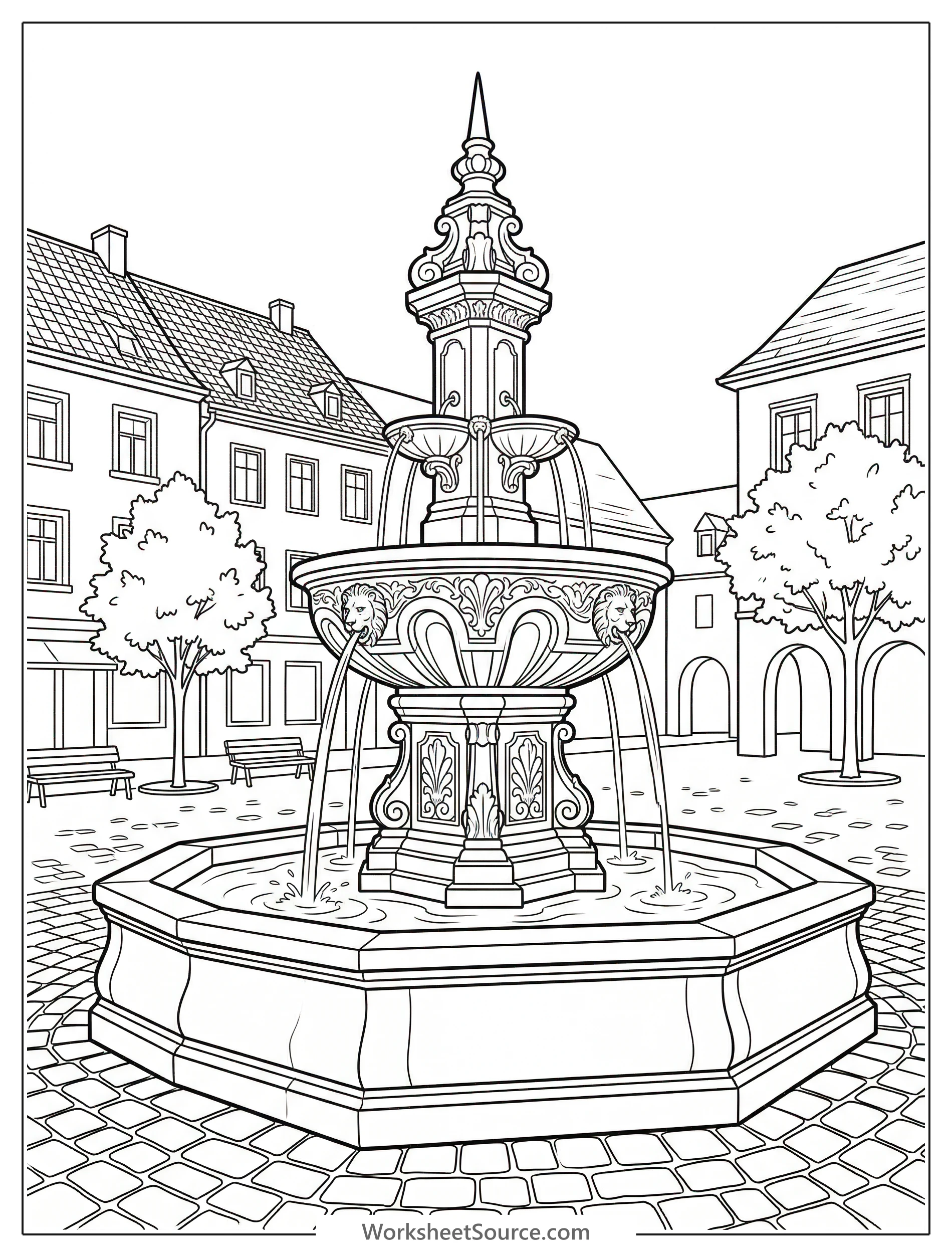 Line art coloring page featuring a stone fountain in a Lofi aesthetic town square, surrounded by urban buildings. Calm, detailed scene for coloring.