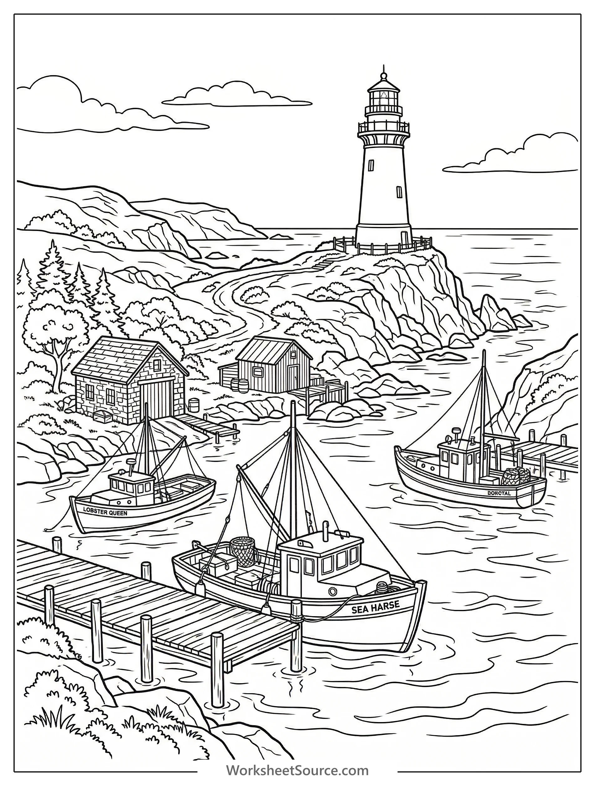 A lofi aesthetic coloring page depicting a tranquil small harbor with several fishing boats moored, a charming lighthouse, and a distant coastal town.